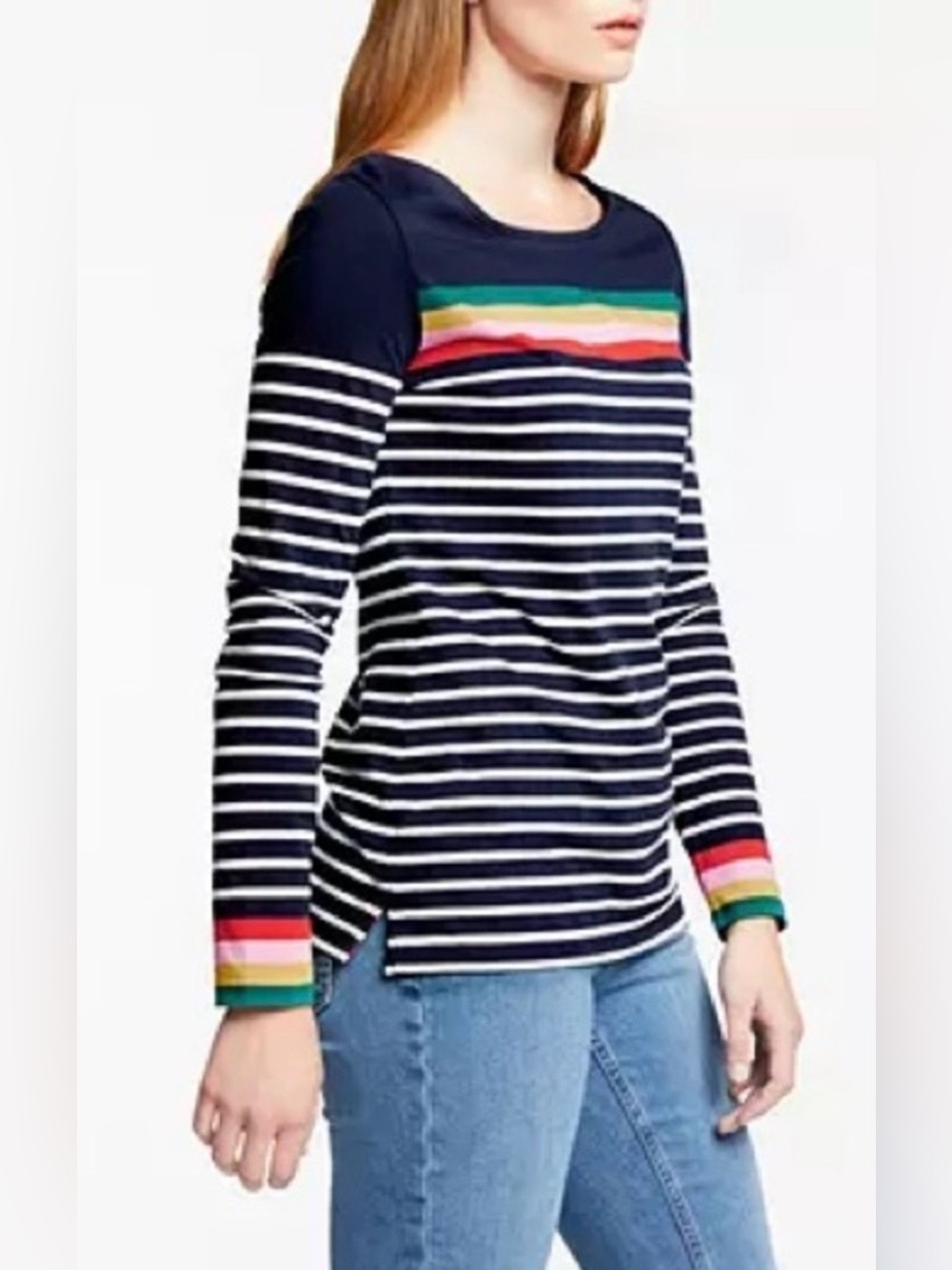 Boden navy blue striped breton top with rainbow stripes and cuffs size 4